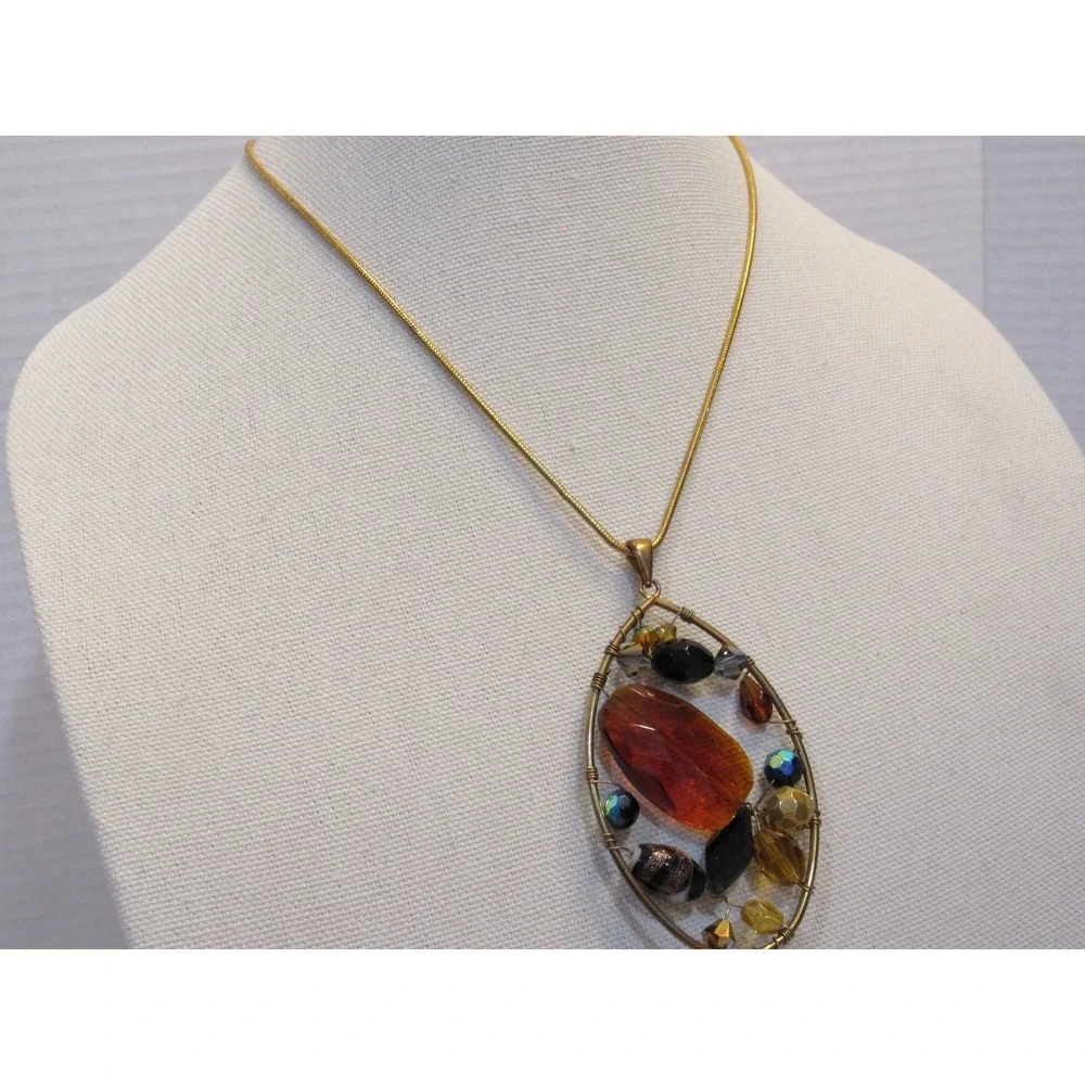 Gold‎ Tone Snake Chain Necklace Amber Multi Bead Wire Wrapped Oval Pendant
